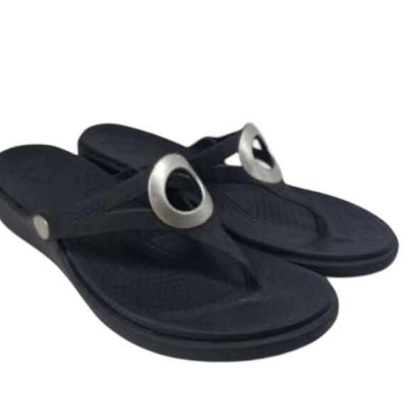 CROCS Womens Sanrah Silver Ring Wedge Sandals Black Size 9 - Great Condition - Picture 1 of 7